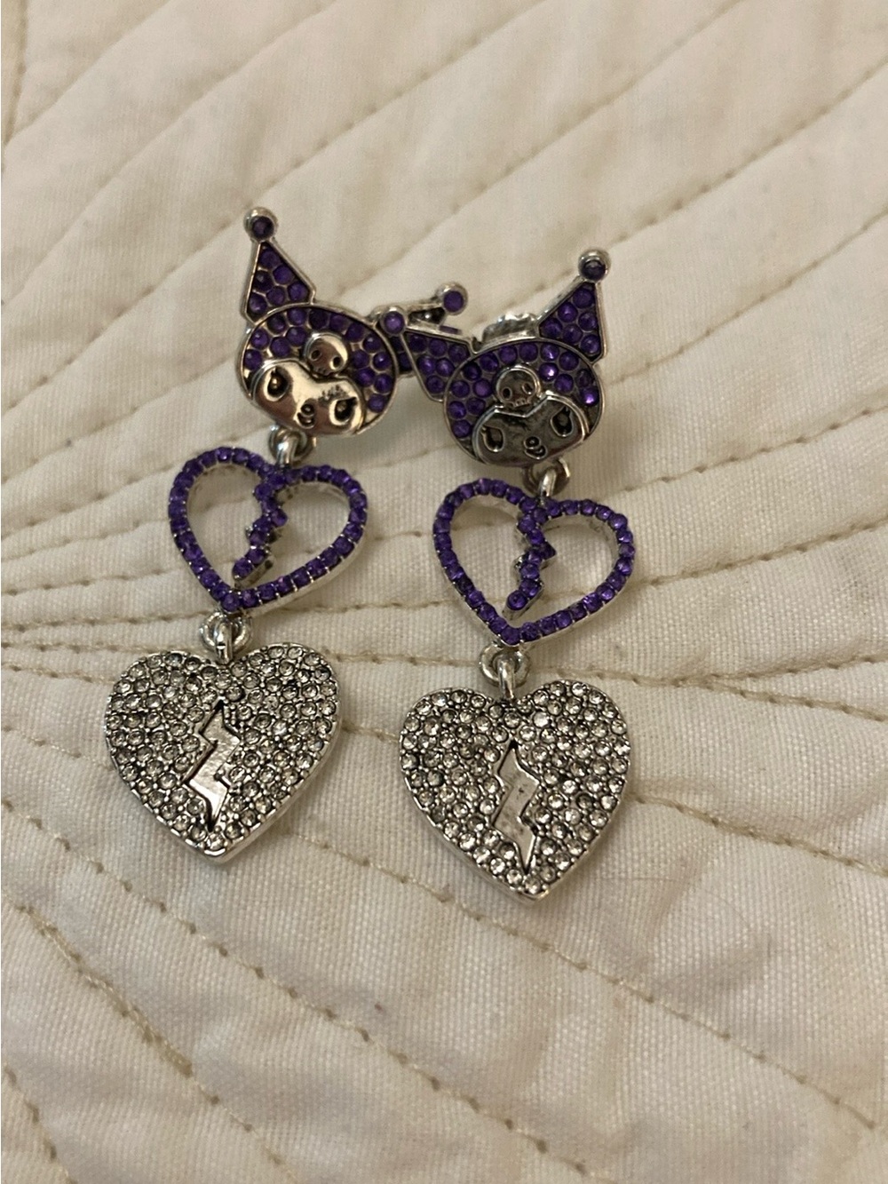 Sanrio Purple and Silver Kuromi Heart Dangle Earrings